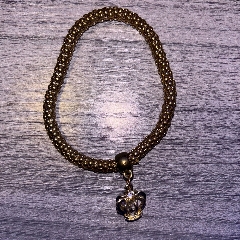 Gold Beaded Bracelet with Crown Charm